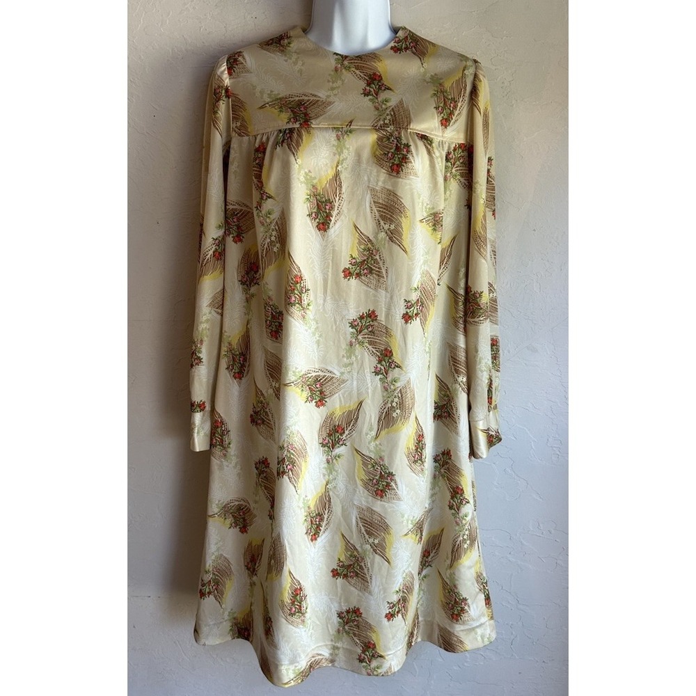 Vintage 70s Debbie‎ Brown Feather Floral Print Hostess Dress M Cottagecore Boho